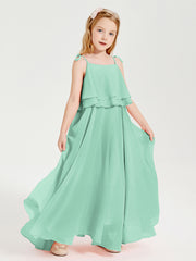 Long Chiffon Junior Bridesmaid Dresses Bowknot Spaghetti Straps Mint Green
