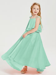 Long Chiffon Junior Bridesmaid Dresses Bowknot Spaghetti Straps Mint Green