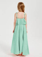 Long Chiffon Junior Bridesmaid Dresses Bowknot Spaghetti Straps Mint Green