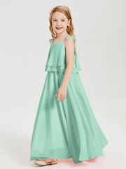 Long Chiffon Junior Bridesmaid Dresses Bowknot Spaghetti Straps Mint Green