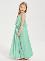 Long Chiffon Junior Bridesmaid Dresses Bowknot Spaghetti Straps Mint Green