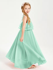 Long Chiffon Junior Bridesmaid Dresses Bowknot Spaghetti Straps Mint Green