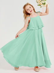 Long Chiffon Junior Bridesmaid Dresses Bowknot Spaghetti Straps Mint Green