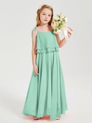 Long Chiffon Junior Bridesmaid Dresses Bowknot Spaghetti Straps Mint Green