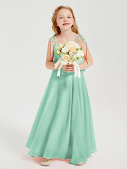 Long Chiffon Junior Bridesmaid Dresses Bowknot Spaghetti Straps Mint Green