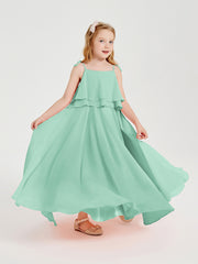 Long Chiffon Junior Bridesmaid Dresses Bowknot Spaghetti Straps Mint Green