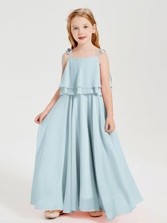 Long Chiffon Junior Bridesmaid Dresses Bowknot Spaghetti Straps Mist