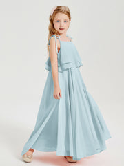 Long Chiffon Junior Bridesmaid Dresses Bowknot Spaghetti Straps Mist