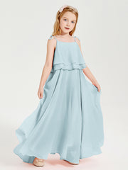 Long Chiffon Junior Bridesmaid Dresses Bowknot Spaghetti Straps Mist