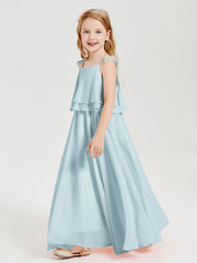 Long Chiffon Junior Bridesmaid Dresses Bowknot Spaghetti Straps Mist