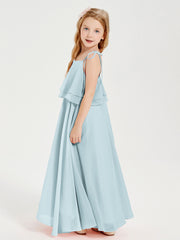 Long Chiffon Junior Bridesmaid Dresses Bowknot Spaghetti Straps Mist