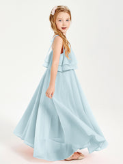 Long Chiffon Junior Bridesmaid Dresses Bowknot Spaghetti Straps Mist