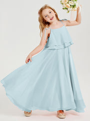 Long Chiffon Junior Bridesmaid Dresses Bowknot Spaghetti Straps Mist