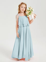 Long Chiffon Junior Bridesmaid Dresses Bowknot Spaghetti Straps Mist