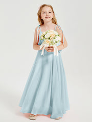 Long Chiffon Junior Bridesmaid Dresses Bowknot Spaghetti Straps Mist