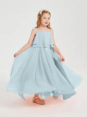 Long Chiffon Junior Bridesmaid Dresses Bowknot Spaghetti Straps Mist