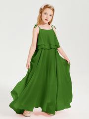 Long Chiffon Junior Bridesmaid Dresses Bowknot Spaghetti Straps Moss