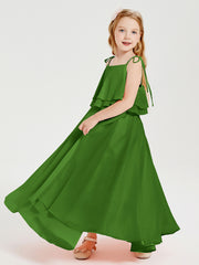 Long Chiffon Junior Bridesmaid Dresses Bowknot Spaghetti Straps Moss