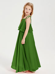 Long Chiffon Junior Bridesmaid Dresses Bowknot Spaghetti Straps Moss