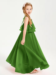 Long Chiffon Junior Bridesmaid Dresses Bowknot Spaghetti Straps Moss