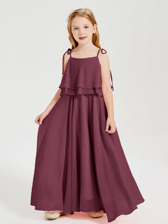 Long Chiffon Junior Bridesmaid Dresses Bowknot Spaghetti Straps Mulberry