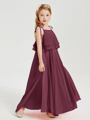 Long Chiffon Junior Bridesmaid Dresses Bowknot Spaghetti Straps Mulberry