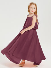 Long Chiffon Junior Bridesmaid Dresses Bowknot Spaghetti Straps Mulberry