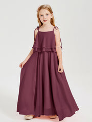 BABARONI Chiffon Mulberry Junior Bridesmaid Dresses A-line Square Spaghetti Straps Ruched Floor-length, Mulberry / J4