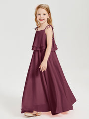 Long Chiffon Junior Bridesmaid Dresses Bowknot Spaghetti Straps Mulberry