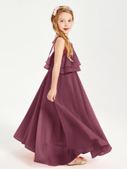 Long Chiffon Junior Bridesmaid Dresses Bowknot Spaghetti Straps Mulberry