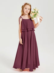 Long Chiffon Junior Bridesmaid Dresses Bowknot Spaghetti Straps Mulberry
