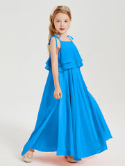 Long Chiffon Junior Bridesmaid Dresses Bowknot Spaghetti Straps Ocean Blue