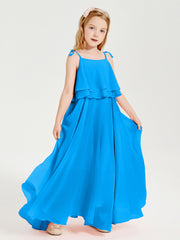 Long Chiffon Junior Bridesmaid Dresses Bowknot Spaghetti Straps Ocean Blue