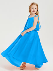 Long Chiffon Junior Bridesmaid Dresses Bowknot Spaghetti Straps Ocean Blue