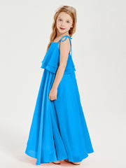 Long Chiffon Junior Bridesmaid Dresses Bowknot Spaghetti Straps Ocean Blue
