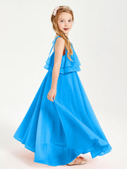 Long Chiffon Junior Bridesmaid Dresses Bowknot Spaghetti Straps Ocean Blue