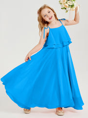 Long Chiffon Junior Bridesmaid Dresses Bowknot Spaghetti Straps Ocean Blue