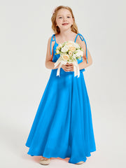 Long Chiffon Junior Bridesmaid Dresses Bowknot Spaghetti Straps Ocean Blue