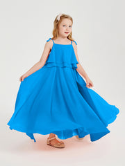 Long Chiffon Junior Bridesmaid Dresses Bowknot Spaghetti Straps Ocean Blue