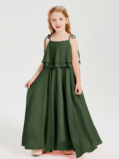 Long Chiffon Junior Bridesmaid Dresses Bowknot Spaghetti Straps Olive Green