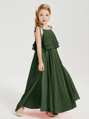 Long Chiffon Junior Bridesmaid Dresses Bowknot Spaghetti Straps Olive Green