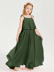 Long Chiffon Junior Bridesmaid Dresses Bowknot Spaghetti Straps Olive Green