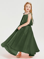 Long Chiffon Junior Bridesmaid Dresses Bowknot Spaghetti Straps Olive Green