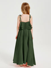 Long Chiffon Junior Bridesmaid Dresses Bowknot Spaghetti Straps Olive Green