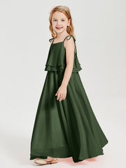 Long Chiffon Junior Bridesmaid Dresses Bowknot Spaghetti Straps Olive Green