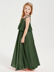 Long Chiffon Junior Bridesmaid Dresses Bowknot Spaghetti Straps Olive Green