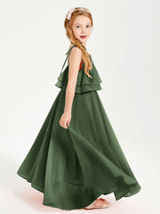 Long Chiffon Junior Bridesmaid Dresses Bowknot Spaghetti Straps Olive Green