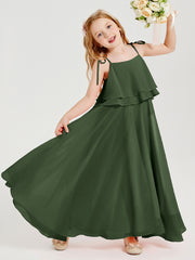 Long Chiffon Junior Bridesmaid Dresses Bowknot Spaghetti Straps Olive Green