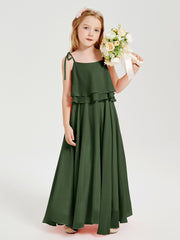 Long Chiffon Junior Bridesmaid Dresses Bowknot Spaghetti Straps Olive Green