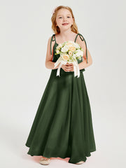 Long Chiffon Junior Bridesmaid Dresses Bowknot Spaghetti Straps Olive Green